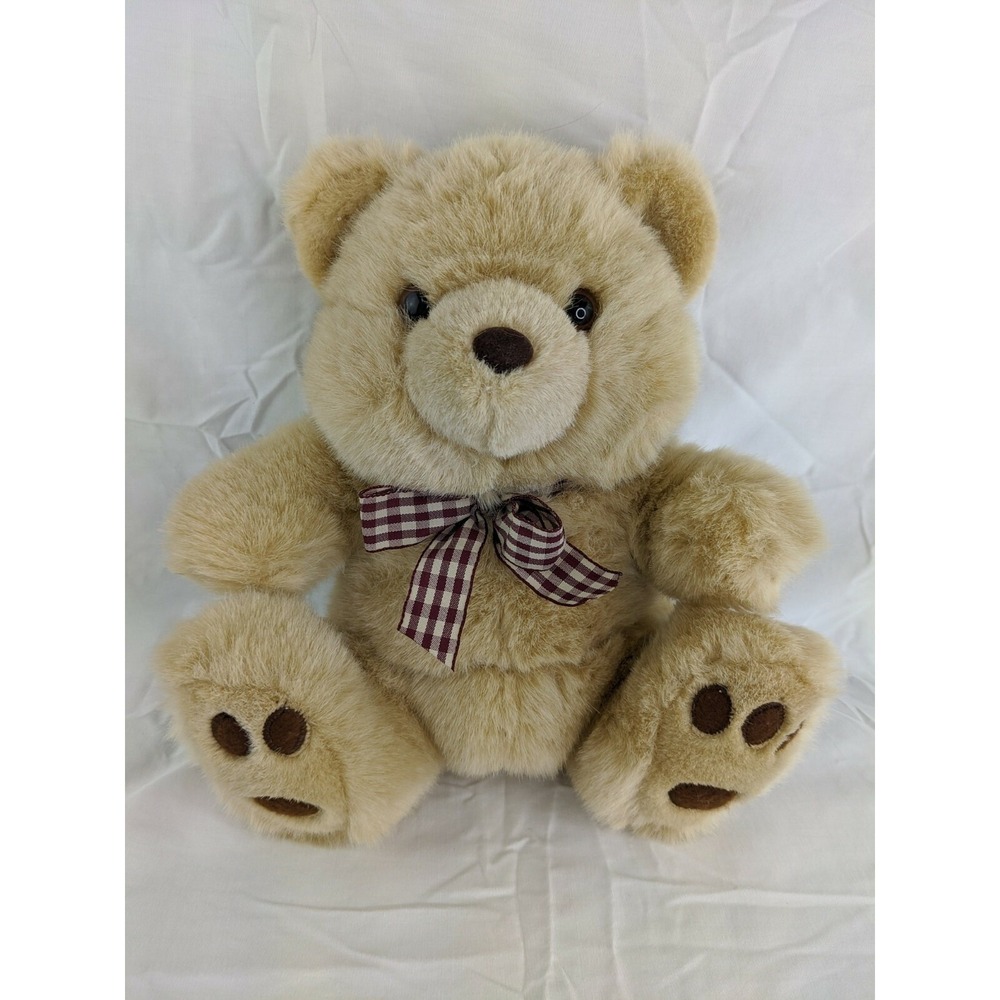 A&A Tan Bear Plush 10 Inch Maroon‎ Checkered Bow Stuffed Animal Toy